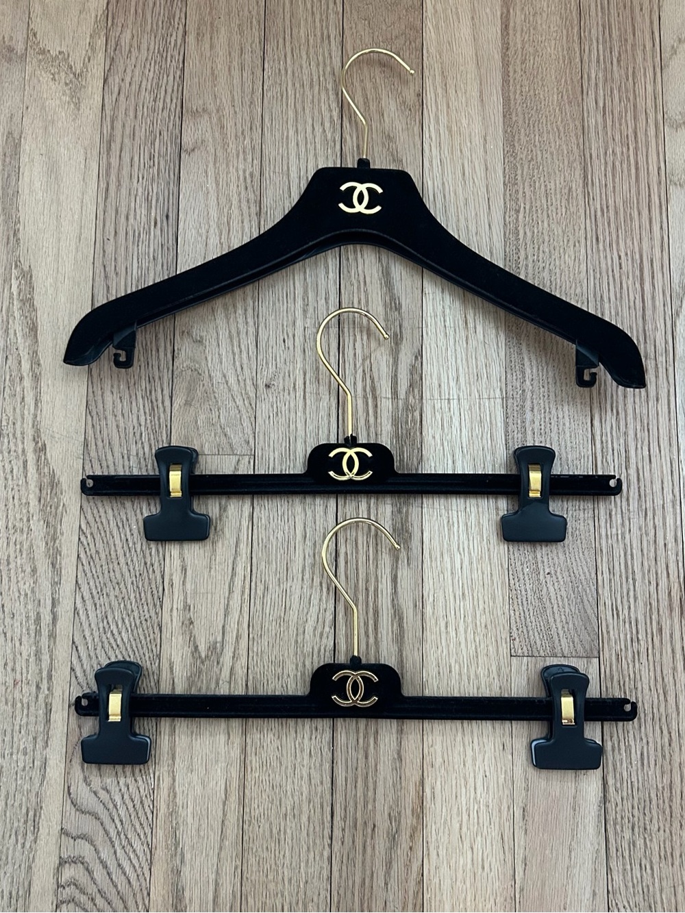 CHANEL Black and Gold Velvet Logo Hanger Trio